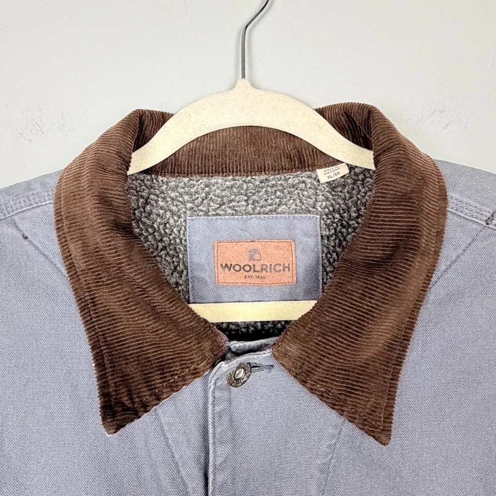 Woolrich‎ Sherpa Lined Canvas Jacket Mens XL Gray Corduroy Collar Chore Coat